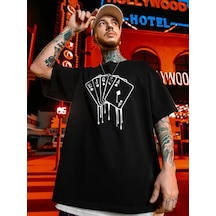 Erkek Büyük Beden Kart Baskılı Düz Renk Kısa Kollu Bisiklet Yaka Tişört Gündelik Giyim - Siyah Çok Renkli