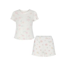 Kadın Pamuklu Çiçek Desenli Kısa Kollu Şortlu Pijama Takımı Kk30233 Pembe - Beyaz