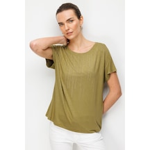 Desen Triko Kadın Sıfır Yaka Su Yolu Taşlı Düşük Kollu Penye T-shirt 26833 Haki Haki