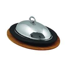 Lava Döküm Oval Döner, Kebap Tabağı Kayın Servis Ahşabı ve Bakır Dövme Formlu Kapak Ölçü 32x23cm.