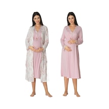 Kadın Pudra Sabahlıklı Hamile Lohusa Gecelik Takım, L, Ef8095ef-86d0018319244 Açık Bej - Beyaz