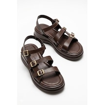 Giamgia Store Kadın Kahverengi Kalın Taban 3 Bantlı Tokalı Rahat Günlük Sandalet-2348