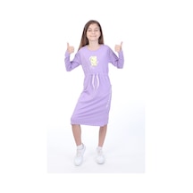Toontoy Kız Çocuk Baskılı Relax Fit Bisiklet Yaka Uzun Kollu Bağcıklı Elbise - Lila