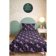 Evimde Bambaşka Unicorn Yıldızlı Antrasit Kız Çocuk Pike Takımı - Pembe Mor Bebek Odası Yatak Örtüsü - 160x220  CM