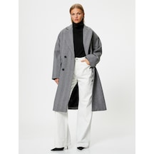 Koton Oversize Kaşe Kaban Kruvaze Düğmeli Kapaklı Cepli Antrasit Desenli 4wak00124ew 4WAK00124EW9D3 Antrasit