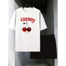Uyguntarz Unisex Happy Cherry Baskılı Tasarım Şort Takım Beyaz