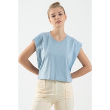Maraton Regular Kadın Bisiklet Yaka Sisli Mavi Crop Top Sisli Mavi