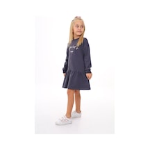 Toontoy Kız Çocuk Baskılı Regular Fit Bisiklet Yaka Uzun Kollu Lastikli Elbise Füme