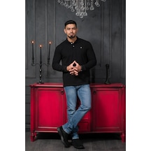 San&fa Regular Fit Polo Yaka Uzun Kol Pamuklu Baharlık Sweatshirt Siyah