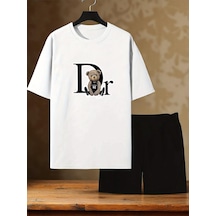 Uyguntarz Unisex Dr. Ayı Tasarım Basklı Tshirt Şort Takımı Beyaz