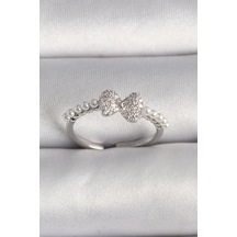 Forwhat Zarif Kadın İçin Silver Pirinç Zirkonlu Fiyonk İncili Ayarlı Yüzük Kahverengi