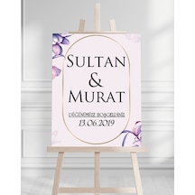 Söz Nişan Düğün İçin 50x70 Karşılama Panosu - Mor Çiçek Tasarımlı 003 Beyaz