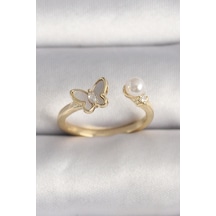 Pirinç Gold Renk Zirkon Taş Detaylı Beyaz Mineli Kelebek Model İnci Detay Ayarlanabilir Yüzük - Tj-byk3523 Çok Renkli