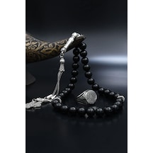 Doğal Oniks Taşlı Tesbih Ve 925 Ayar Gümüş Yüzük Hz. Süleyman Mührü Mikro Taş Süslemeli 901942 Gümüş