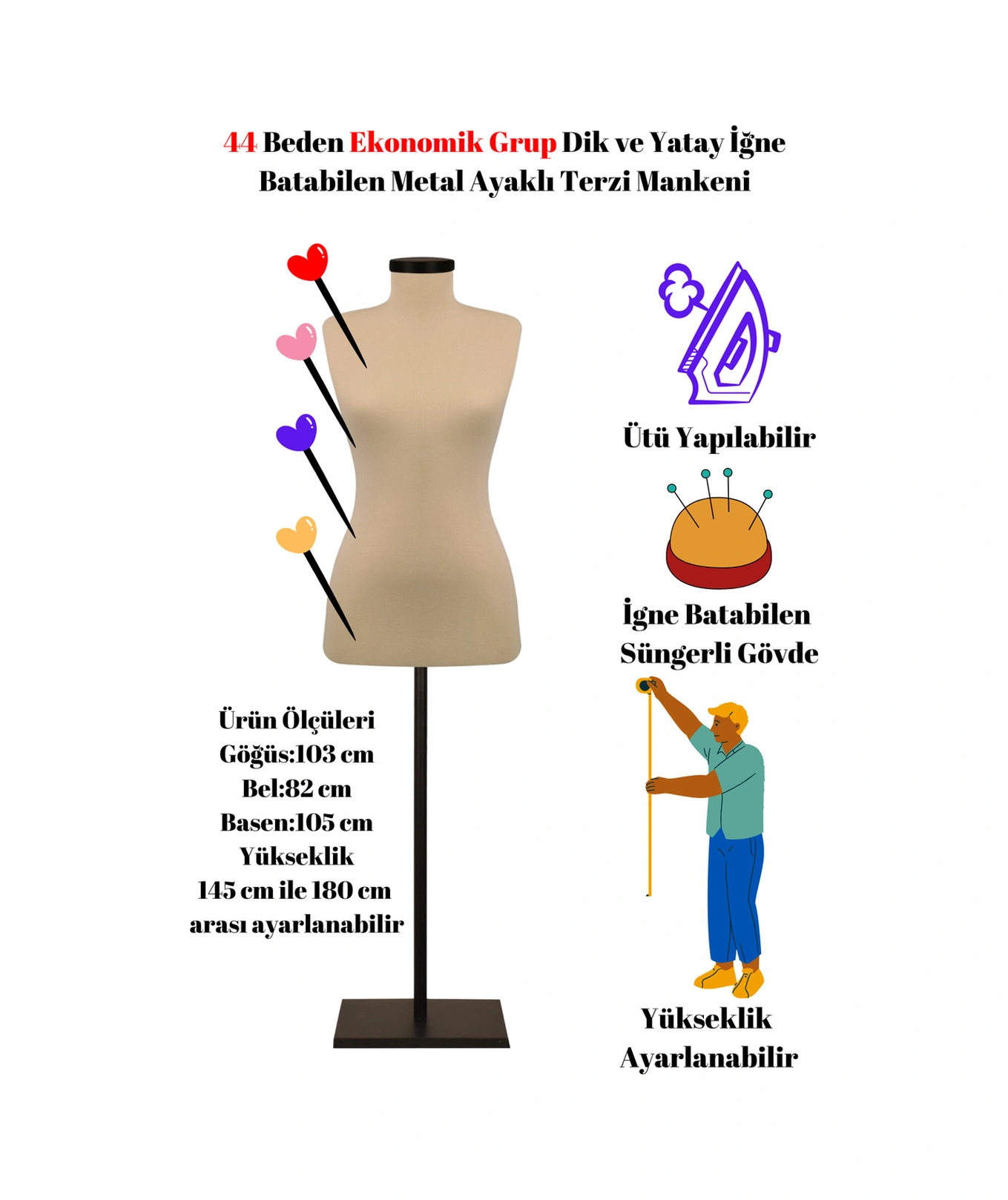 Ekonomik 44 Beden Dik Ve Yatay Iğne Batabilen Sünger Metal Ayaklı Terzi Mankeni Po-01 0005