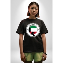 Kuveyt Bayrağı Pamuklu Bisiklet Yaka Unisex Oversize Boyfriend Dijital Baskılı Siyah T-shirt Siyah