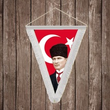 Ay Yıldız Kalpaklı Atatürk Portresi Beyaz Saçaklı Üçgen Flama Bayrak Hatıra Flama Ata43 Diğer