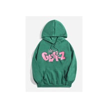 Kadın Yeşil Gen-z Baskılı Kapüşonlu Oversize Sweatshirt Yeşil