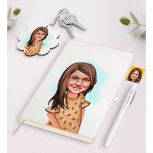 Kişiye Özel Kız Çocuk Karikatürlü Beyaz Defter Kalem Ve Anahtarlı N11.12476