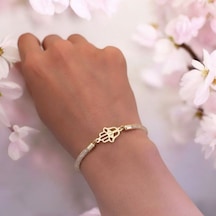 U Harfine Özel Hasır Kordonlu Hamsa Motifli 14 Ayar Altın Plakalı Hediye Bileklik-499harf U
