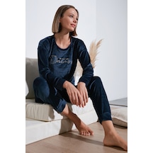 Lela Standart Fit Bisiklet Yaka Yumuşak Kadife Bayan Pijama Takımı 6094202 Lacivert