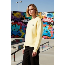 Benerly Kadın Bisiklet Yaka Düşük Kol Nakışlı Örme Sweatshirt Fonksiyonel Açık Sarı