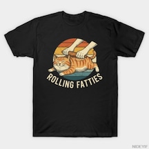 Flood Of Style Kedi Rolling Fatties Komik T-shirt Erkekler Kadınlar Için % 100% Pamuk T Shirt Kısa Kollu Üst Siyah