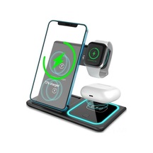 Üçlü Kollapsible Kablosuz Şarj Aleti: Telefon, Saat, Kulaklık İçin Çift Bobin, Dikey/yatay Konum, Led Işık, X455 Siyah