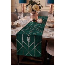 Premium Masa Runner Dijital Baskılı Geometrik Lale Desenli Dekoratif Salon Mutfak Yemek Masası Runner Örtüsü 45x140 Cm Yeşil