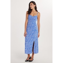 Tudors Kadın Slim Fit Dar Kesim İnce Askılı V Yaka Baskılı Viskon Mavi Elbise-33553 Mavi