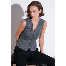 Lela Fitted-Vücuda Oturan Astarlı Klasik Dokuma Bayan Yelek 611Yl030W4 Gri-Beyaz