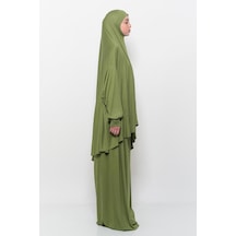Pratik 2 Parça Pamuklu Yarasa Kollu Başörtülü Tesettür Namaz Elbisesi Fıstık Yeşili Antrasit