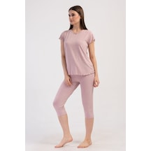 Yake Store Kadın Lyc Vıscon Xxl Kayık Yaka Fıyonklu Bıbılalı Kısa Kol Etegı Oval Kaprı Takım - Rosebloom Pembe