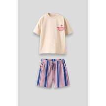 Magu Unisex Çocuk Ekru Çizgili Desenli Pamuklu T-shirt Şort Alt-üst Takım Karışık