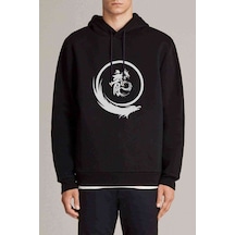 Silhouette Dragon Logo Baskılı Siyah Erkek Örme Kapşonlu Sweat