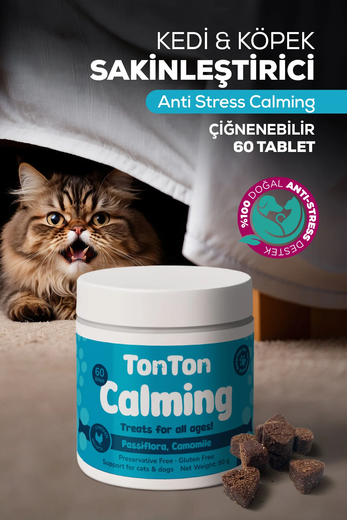 Sakinleştirici Çiğnenebilir Tablet Kedi Köpek İçin 60 Lı Anti Stres Calming Destek