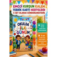 5 Adet Okulda İlk Günüm Yazılı Hediye Seti 1. Sınıf- Sene Başı Emoji Kurşun Kalem Tebrik Kartı Hediyeli