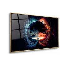 Gece Gündüz Daire İçinde Ağaç Gold Çerçeveli Cam Tablo