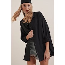 Kadın Salaş Stil Siyah Oversize Uzun Basic 3900 Gömlek
