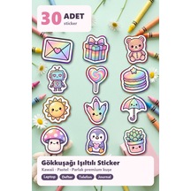 30 Adet Sevimli Figürler Sticker Seti Çilek, Hilal, Yıldızlar - Laptop Defter Telefon Çok Renkli