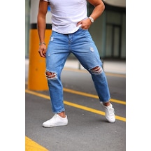Boyfriend Diz Yırtık Modelli Kot Pantolon Mavi