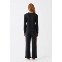 Cottonill Premium - Serene Collection Antrasit Rib Dokulu Bol Paça V Yaka Viskon Kadın Pijama Takımı