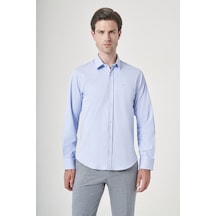 İmza Mavi Sert Yaka Uzun Kol Cepsiz Slim Fit Pamuklu Gömlek 1004260213 Koyu Mavi
