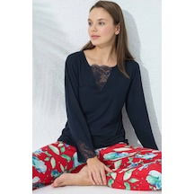 Siyah İnci Dantel Detaylı Viskon Pijama Takım Lacivert
