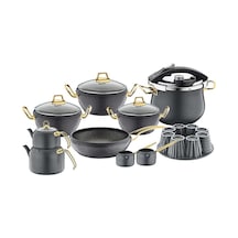 OMS 3519 Cam Kapaklı Granit Çeyiz Tencere Seti 16 Parça Antrasit