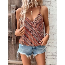 Desenli Kadın Zarif Dokunuş Ip Askılı V Yakalı Süprem Bluz