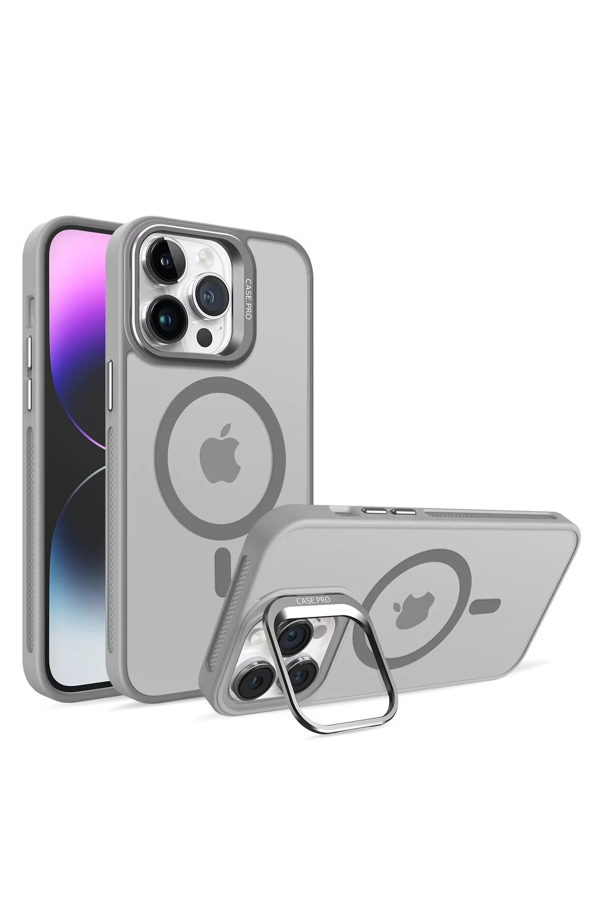 İphone 13 Uyumlu Magsafe Kılıf Mıknatıslı Standlı Darbeye Dayanıklı Mat Şeffaf Arka Kapak Lens li gri