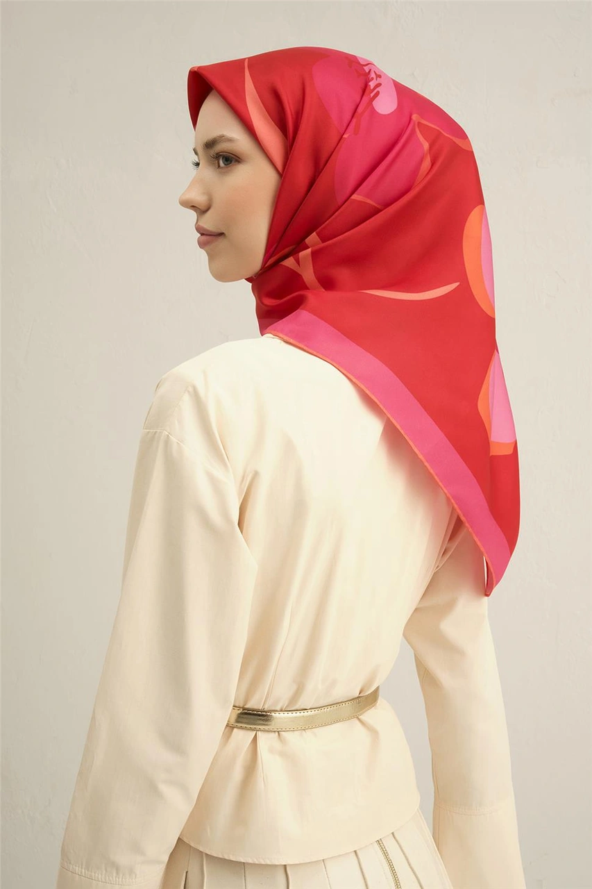 Armine Çiçek Desenli Saf İpek Sura Eşarp 9317d 56 Kırmızı