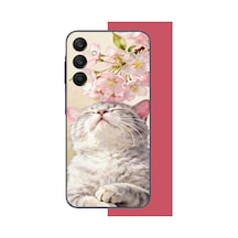 Samsung Galaxy A25 Uyumlu Pembe Yapraklı Kedi Baskılı Silikon Kılıf Renkli