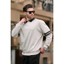 Madmext Bej Polo Yaka Oversize Kolu Şeritli Erkek Sweatshirt 7048-bej Bej